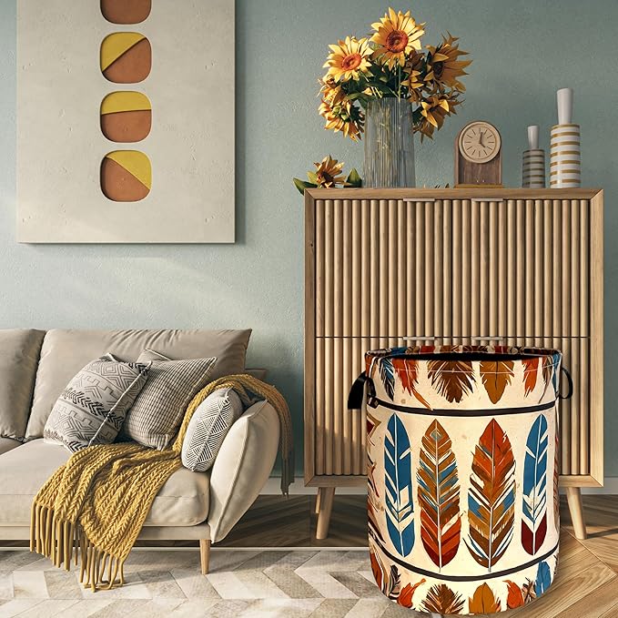 Boho Feather Print Laundry Basket Western Funny Laundry Hamper Foldable Oxford Cloth Colorful Tote Bag Clothes Toy Storage Bucket 18.9" x 16.5"For Bathroom/Laundry Storage/Bedroom