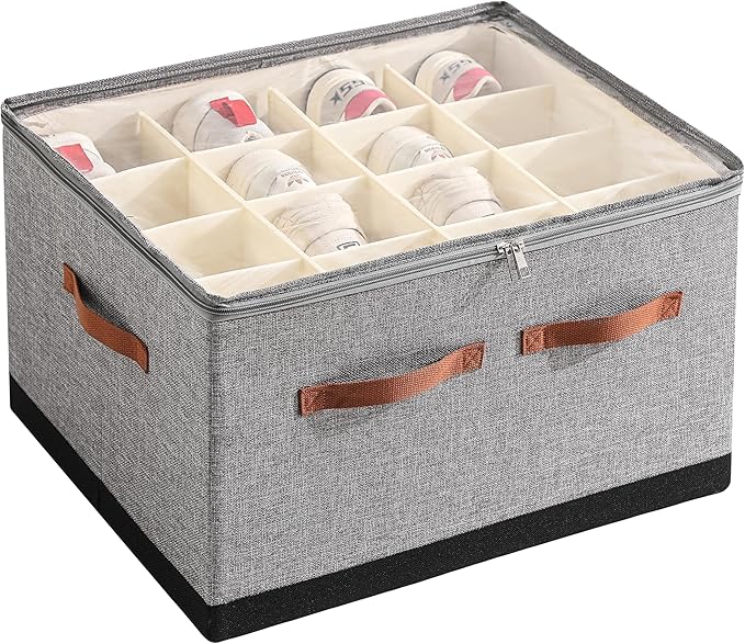Shoe Organizer for Closet, Foldable Large Shoe Storage Box with Clear Cover, Removable Partitions and Bottom are Supported by Plastic Boards (Grey-Black, 20.5“Lx16.9 Wx13'H)