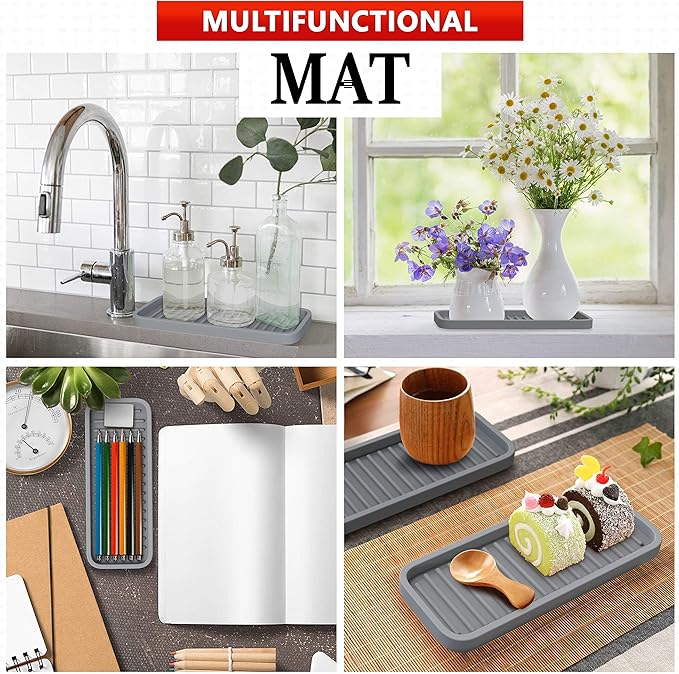 ZAPPOWARE Silicone Kitchen Sink Caddy Sponge Holder 9x3.5 (2-pack) Gray - Bathroom Vanity Tray Organizer, Kitchen Soap Tray for Dish Scrubber, Soap Dispenser and Sponge