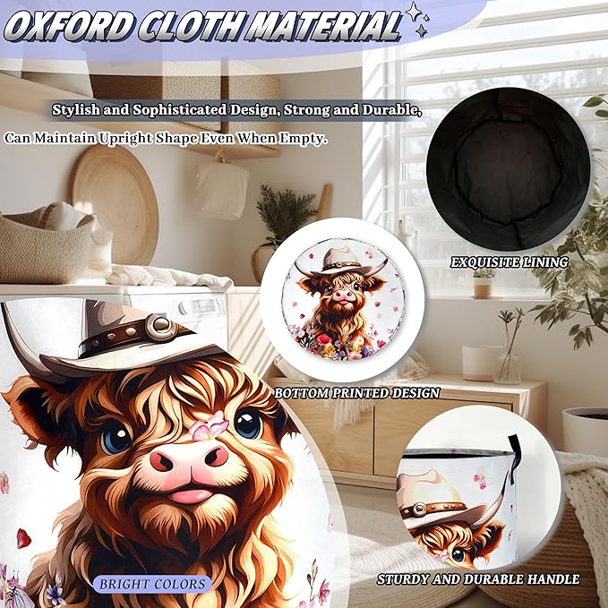 Cute Highland Cow Laundry Basket Foldable Oxford Cloth Cows Animal Laundry Hamper With Handle Clothes Storage Organizer Basket 18.9"x16.5" Storage Bag For Laundry Room/Bathroom/Bedroom/Dormitories