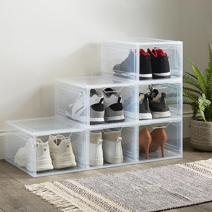 Simplify Shoe Storage Boxes 12 Pack | Easy Assembly | Stackable | Great for Shoe Collectors | Home Organization | Storage | Lightweight | Plastic | Dimensions 13.9" L x 9.8" W x 7" H | Clear/White |