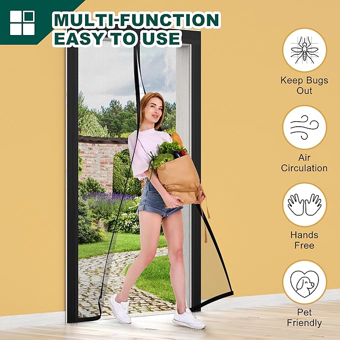 Adjustable Magnetic Screen Door Fit Door Size Width 36" - 40" Height 81" - 83", DIY Widen Heavy Duty Door Net Screen Mesh with Strong Magnet for Front Back, Black
