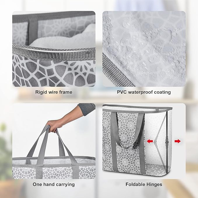 JOMOLA Collapsible Laundry Caddy 80L Large Foldable Laundry Basket Grey Collapsible Laundry Hamper Fabric Laundry Tote with Handles and Sturdy Pop-Up Wire Frame