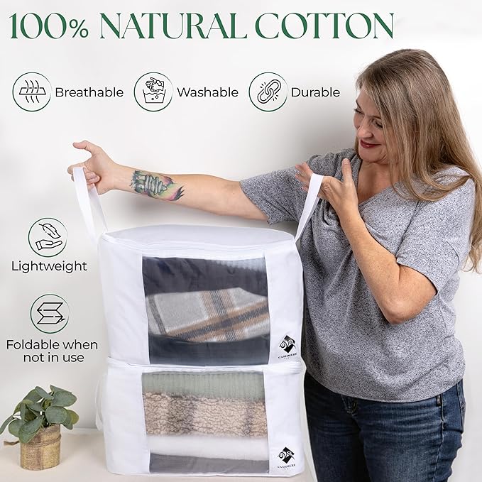 Sweater Storage for Closet – 2 Large Cotton Garment Bags, 30 Cedar Rings, & Mesh Window for Cashmere Sweaters – Wool & Cotton Sweater Organizer by Cashmere Kiwi, 15 x 11 x 9 In