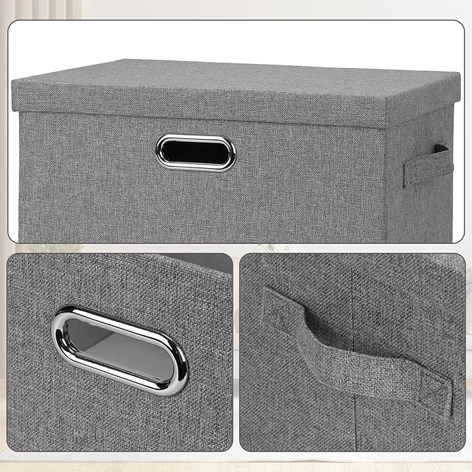 Graciadeco Large 17" 36 Quart Collapsible Stackable Storage Bins with Lids, 1 Pack Grey Foldable Fabric Closet Storage Boxes with Lids, 4 Handles Heavy-duty Linen Cube Baskets for Bedroom
