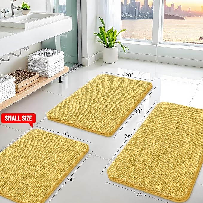 Arotive Bathroom Rugs 24x16, Extra Soft Absorbent Shaggy Chenille Bath Rugs, Machine Washable Rubber Backing Non-Slip Bath Mats for Bathroom Floor Tub and Shower, Home Decor Accessories, Yellow