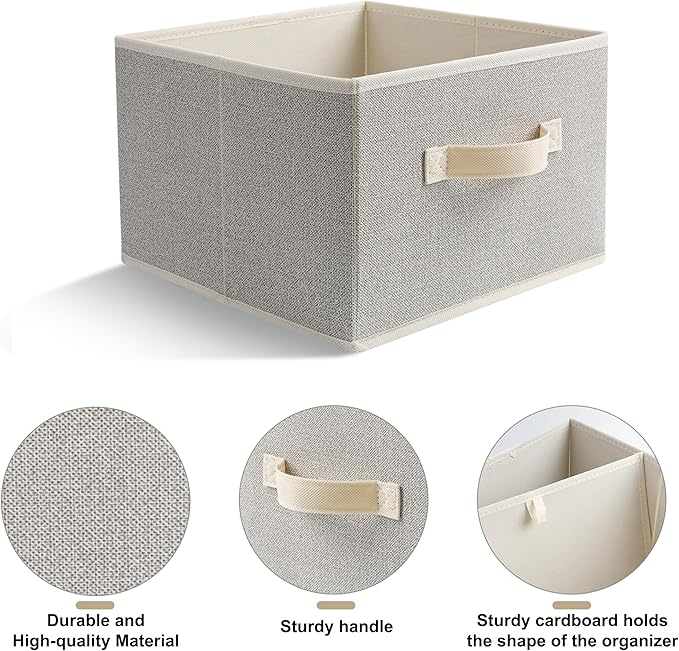 11 inch Storage Baskets, Woven Fabric Bins, Storage Cubes with Reinforced Handles, Organizer Bins for Closet Shelves, Foldable, for Clothes (Beige, 2PCS/11*11*7.8inch)