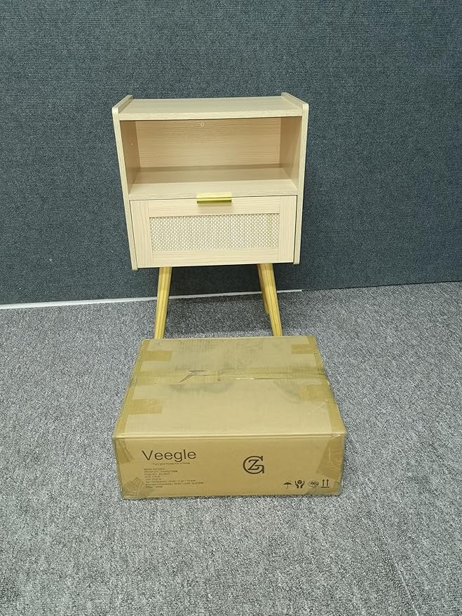 Veegle Rattan Nightstand,Modern Bedside Table with Storage Drawer and Open Wood Shelf, for Living Room, Bedroom and Small Spaces, Accent Night Stand with Solid Wood Legs, Easy Assembly,(Oak)