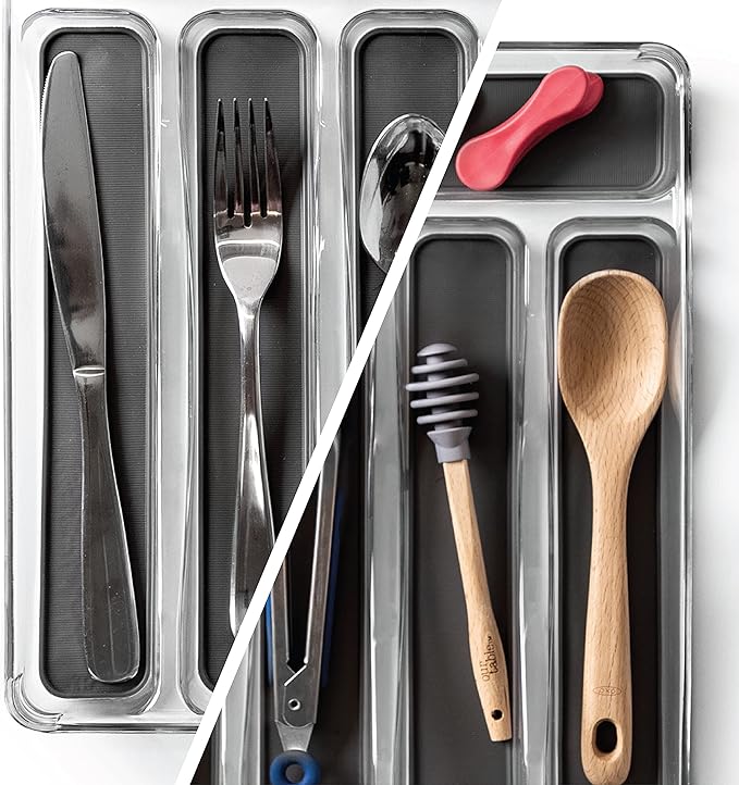 BINO 5-Slot Silverware Organizer for Drawer | Plastic Utensil Organizer for Kitchen Drawers | Silverware Tray for Drawer Organization | Utensil Kitchen Drawer Organizer w/Grip Lining (Grey)