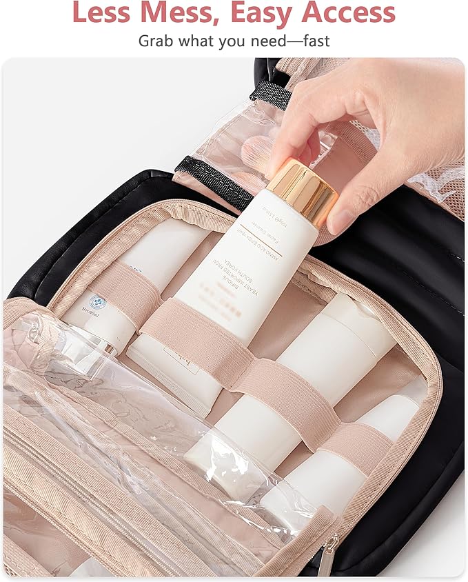 Travel Toiletry Bag for Women with Hanging Hook, Puffy Makeup Organizer with Brushes Slots for Bathroom, Shower and Beauty Essentials, Black