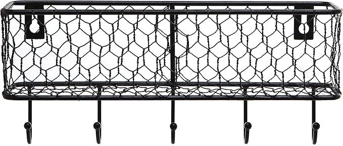 MyGift Wall Mounted Metal Entryway Mail Holder and Key Organizer Rack with 5 Hooks, Decorative Storage Basket and Hanger Hooks for Keys, Lanyard, Keychain, Light Coat