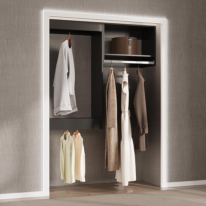 Modular Closet System, 46" Wide Closet Organizer System with Hanging, Wood Tower Closet Storage for Walk In Closets, Wall Mounted Wardrobe Organizer Kit System, Bedroom, Black