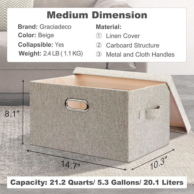 Graciadeco Medium 15" 21 Quart Collapsible Stackable Storage Bins with Lids, 3 Packs Beige Foldable Fabric Closet Boxes Heavy-duty Linen Cube Baskets Container for Bedroom Office (15 x 11 x 8)