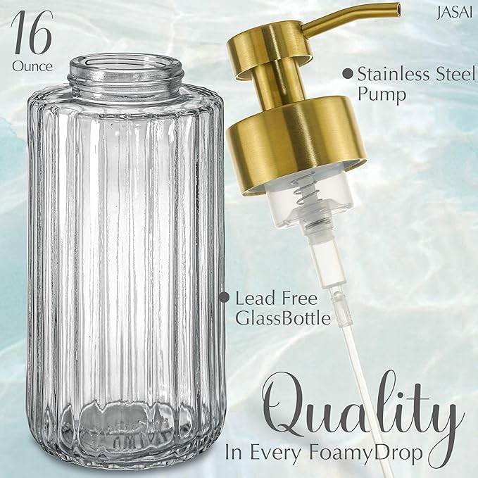 JASAI 16Oz Glass Foaming Soap Dispenser with Golden Rust Proof Pump, Refillable Foam soap Dispenser with Thick Glass, Elegance Foaming Hand Soap Dispenser for Bathroom & Kitchen.(Golden)