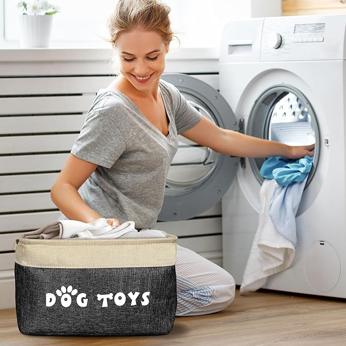 PET ARTIST Dog Toy Basket, Collapsible Dog Toy Bin Box with Comfortable Handles, Large Pet Toy Storage Organizer for Accessories, Toys, Coat & Clothing, Blanket & Leash, Black, 15"x11"x9"