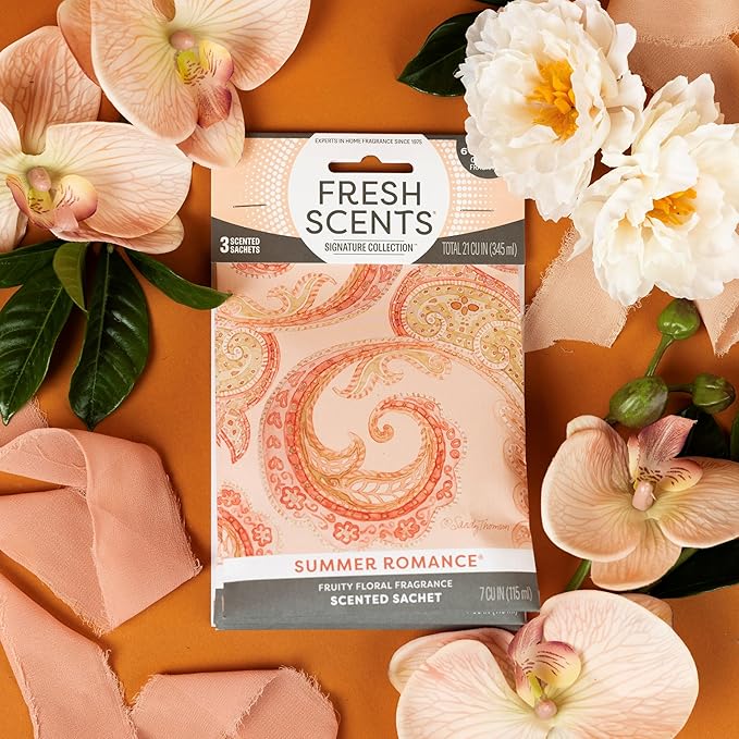 Fresh Scents Scented Sachets | Summer Romance | Home Fragrance | Long Lasting (Up to 6 Months) | Air Freshener for Closets, Drawers, & Cars | 6 Pack