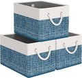 Storage Bin,Collapsible Storage Basket For Organizing,Large Storage Boxes With Rope Handles,Storage Containers,White & Blue,3 Pack