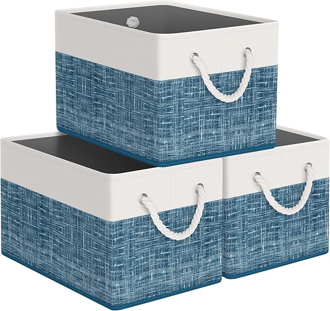 Storage Bin,Collapsible Storage Basket For Organizing,Large Storage Boxes With Rope Handles,Storage Containers,White & Blue,3 Pack