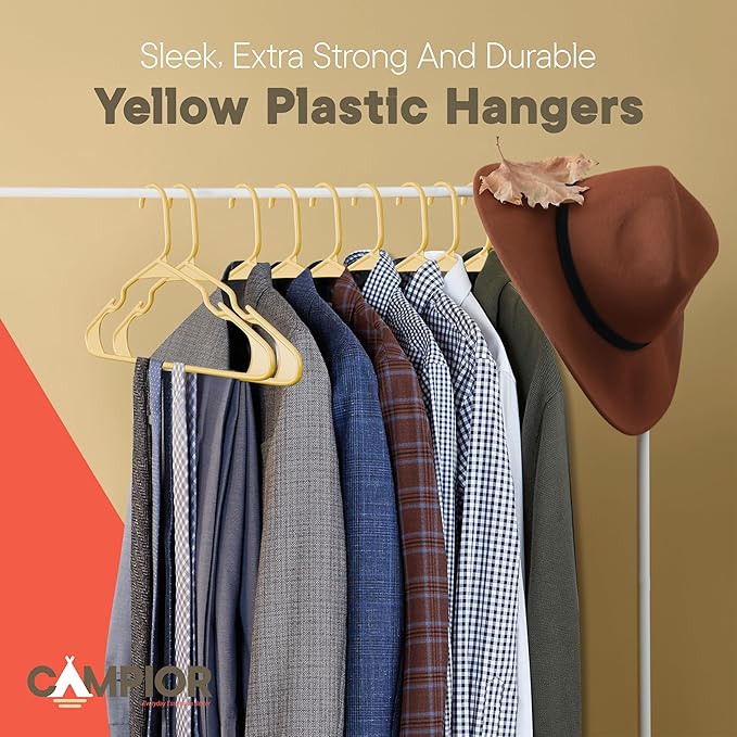 Plastic Clothes Hangers – Heavy Duty Hanger Set, for Organizing Clothes, Dresses, and Coat, Holds Up to 5 lbs, Space-Saving Hangers with Non-Slip Shoulder Grooves, Pack of 5, Yellow