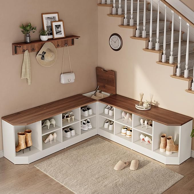 DWVO 61" L-Shaped Shoe Rack with Bench and Hooks, Corner Shoe Cabinet with Hidden Storage, Coat Rack & Seating for Entryway, Hallway, Bedroom, 61" D x 61" W x 18" H, White & Walnut