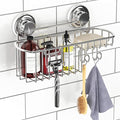 HASKO Suction Cup Shower Caddy Basket for Shampoo, Shower Suction Shelf Organizer, Basket with Soap Holder and Hooks, Stainless Steel Shampoo Holder for Bathroom Storage, Chrome