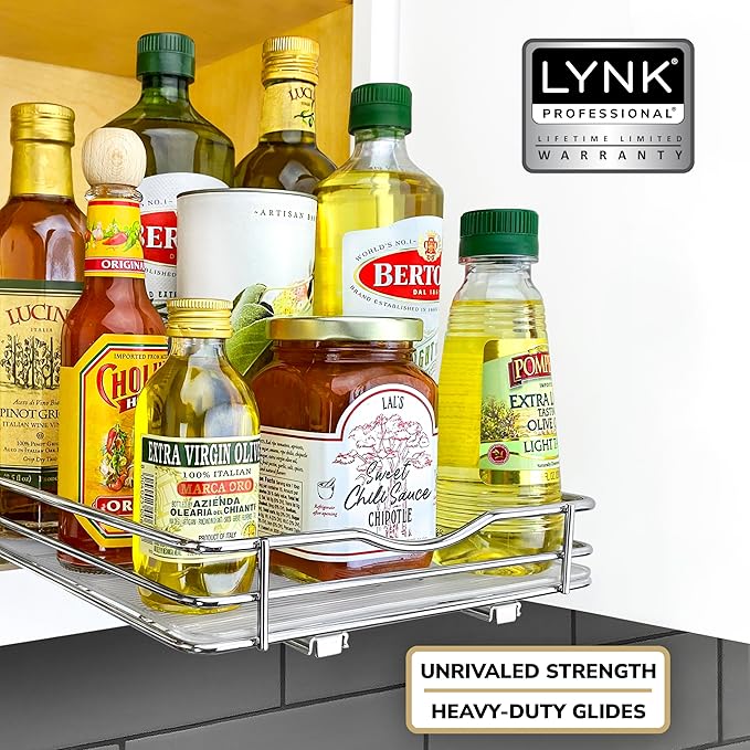 LYNK PROFESSIONAL® Pull Out Spice Rack Organizer for Inside Kitchen Cabinets - 8-3/8 inch Wide - Slide Out Drawer – Chrome Sliding Spice Organization for cabinet - Spice Racks - 1 Tier