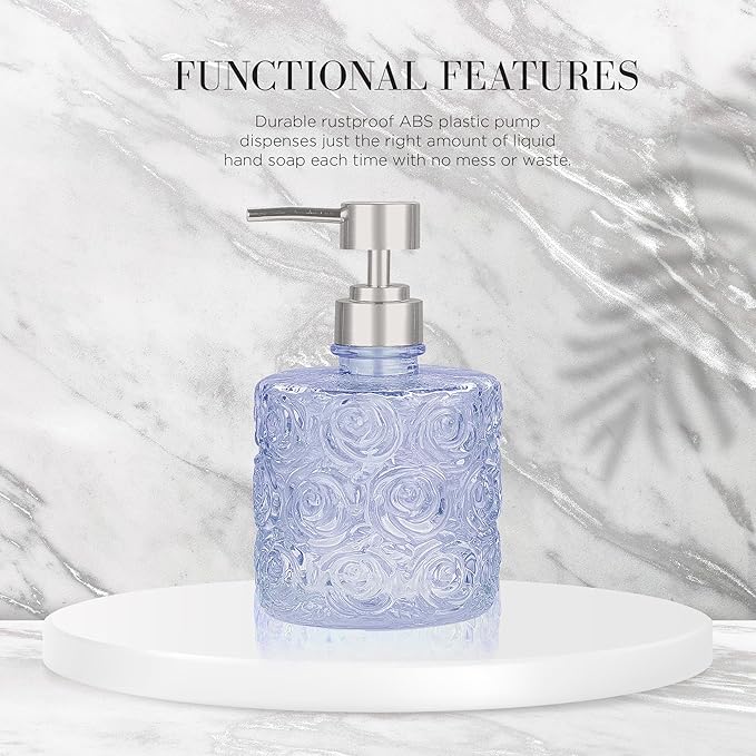 Marcella Glass Soap Dispenser with Soap Pump, Refillable 14 Ounce Capacity, Floral Design Rose Patterns, Heavy Weight Thick Glass for Bathroom, Premium Kitchen Soap Dispenser Cornflower Blue