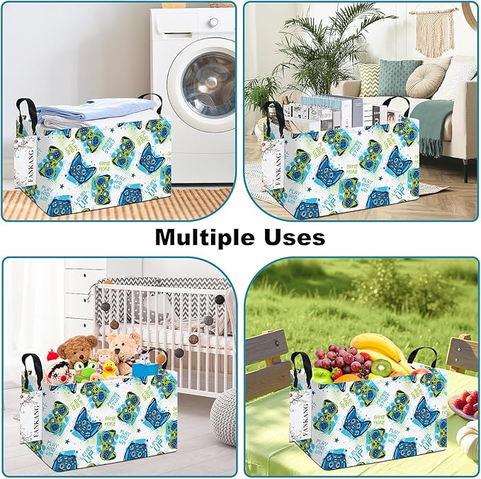FANKANG Storage Bins,Nursery Hamper Canvas Laundry Basket Foldable with Waterproof PE Coating Storage Baskets for Boys and Girls, Office, Bedroom, Clothes,Toys(Rec-Game ）