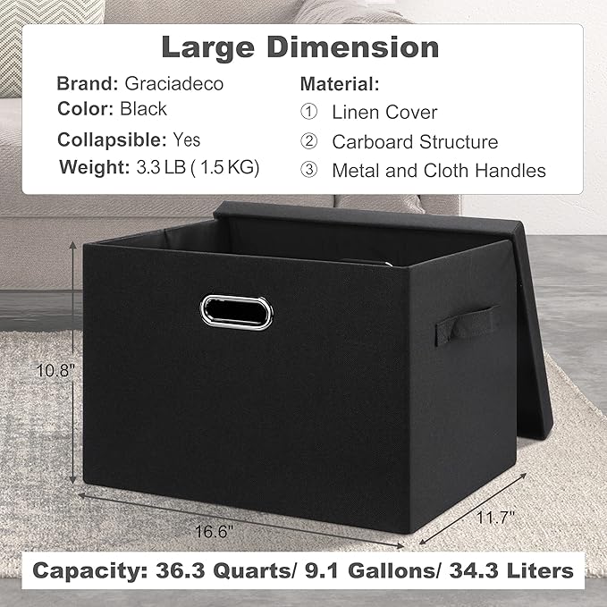 Graciadeco Large 17" 36 Quart Collapsible Stackable Storage Bins with Lids, 3 Packs Black Linen Fabric Closet Boxes with Lids, Storage Cube Baskets Container Organizers for Bedroom Office(17 x12 x11)