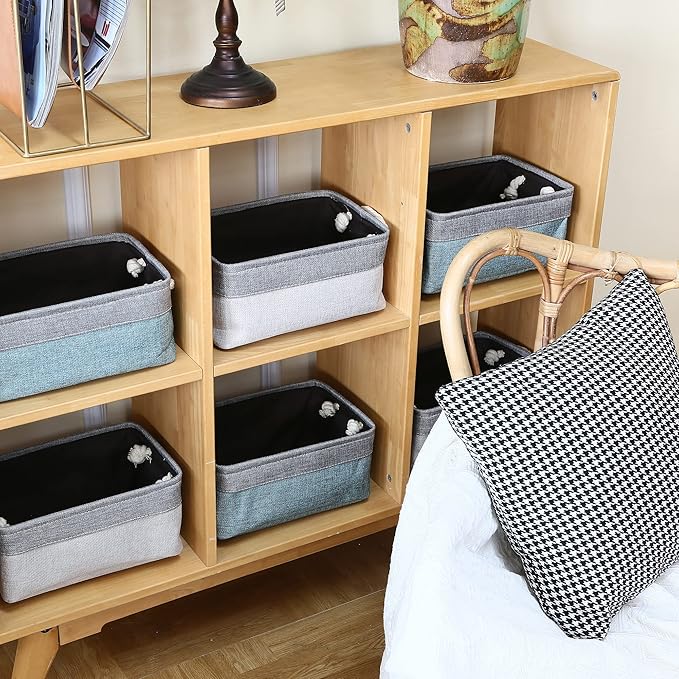 Sea Team 3-Pack Small Storage Basket Set, Storage Cube Organizer, Storage Bins, 12 x 8 x 5 Inches, Rectangle Canvas Fabric Collapsible Shelf Box with Handles for Kids Room (Grey/Stone Blue)