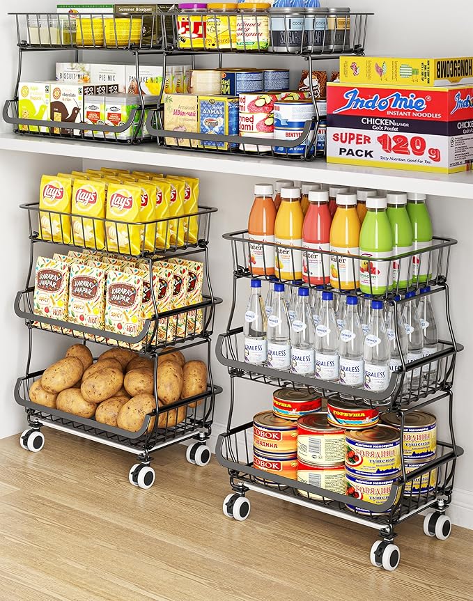 3-Tier Rolling Pantry Floor Organizer and Storage Cart with Wheels, Stackable Wire Pantry Baskets for Pantry Shelves, Kitchen Fruit Basket Stand and Storage Rack for Fruit Snack Onion Potato