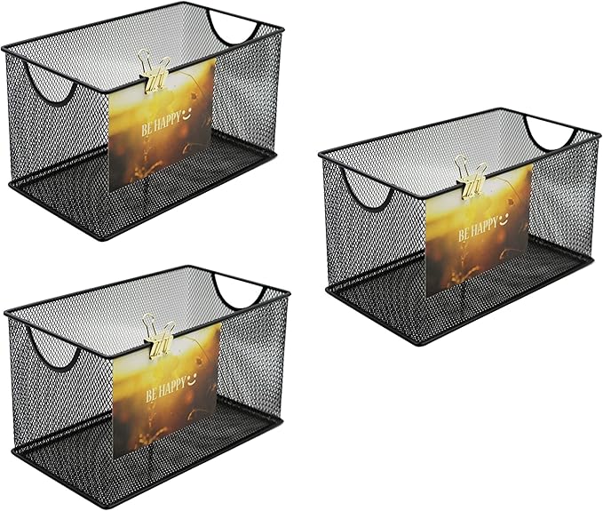 Set of 3 Household Wire Mesh Metal Steel Storage Basket Organizer CD Storage Boxes Organizer Bin Container Tote with Handles for Home Office 10.5" x 5.5" x 5.5"