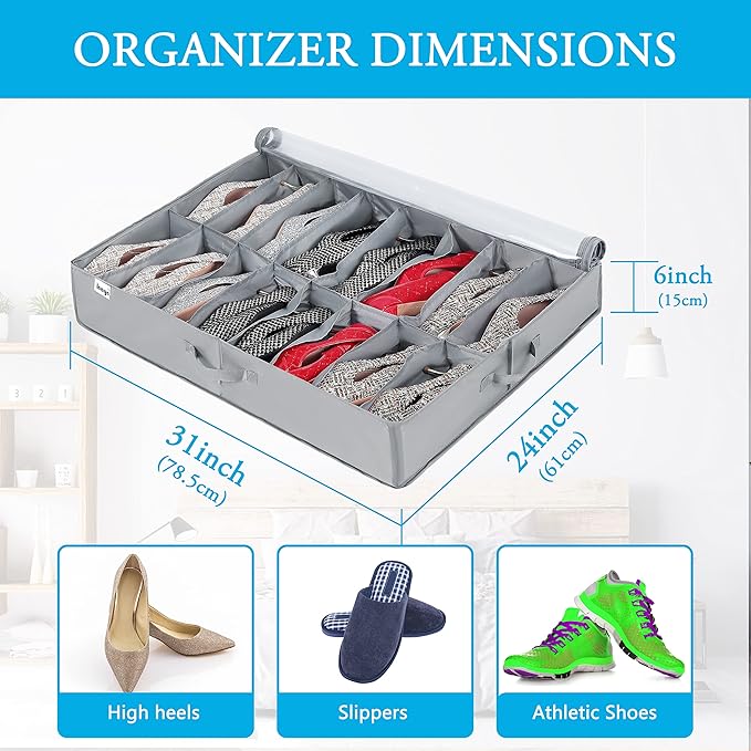 INAYA Under Bed Shoe Storage Organizer 2 Pack, Fits 32 Pairs, Large Underbed Shoe Box Storage Containers, Clear Foldable Shoes Organizer Under the Bed Sturdy Structure with Hard Bottom Support