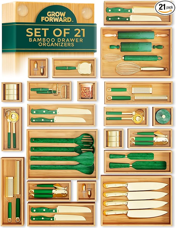 Grow Forward Bamboo Drawer Organizer Boxes - Set of 21 Wooden Drawer Organizers for Kitchen, Bathroom, Office, Desk, Vanity, Makeup - Non-Slip Junk Drawer Organizer Trays for Storage and Organization