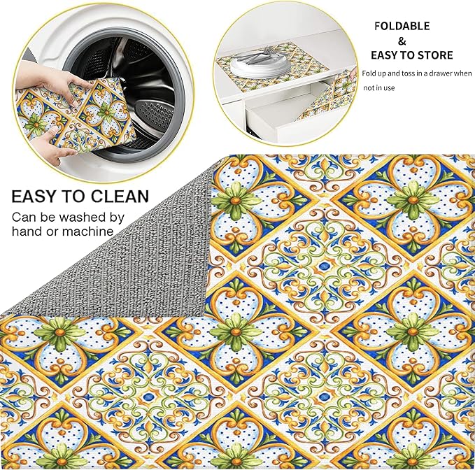 3Pcs Italian Majolica Tiles Dish Drying Mat & Kitchen Sink Splash Guard Faucet Mat For Kitchen Counter Absorbent Microfiber Dishes Pad Dish Drainer Rack Mats Fast Dry Kitchen Accessories