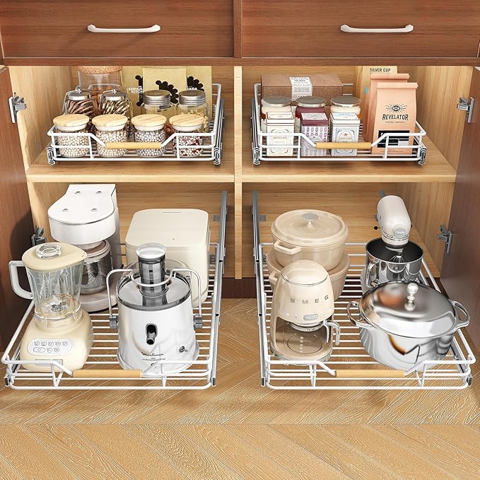 Pull out Cabinet Organizer, 18"W X 21"D, Heavy Duty Smooth Sliding Under Cabinet Shelves for Pots and Pans, Full-Extension Roll out Drawers, Slide out Organization for Home Kitchen Pantry, White