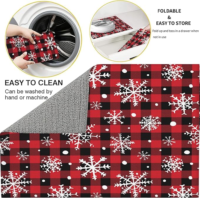 3Pcs Christmasw Checked Dish Drying Mat & Kitchen Sink Splash Guard Faucet Mat For Kitchen Counter Absorbent Microfiber Dishes Pad Dish Drainer Rack Mats Fast Dry Kitchen Accessories