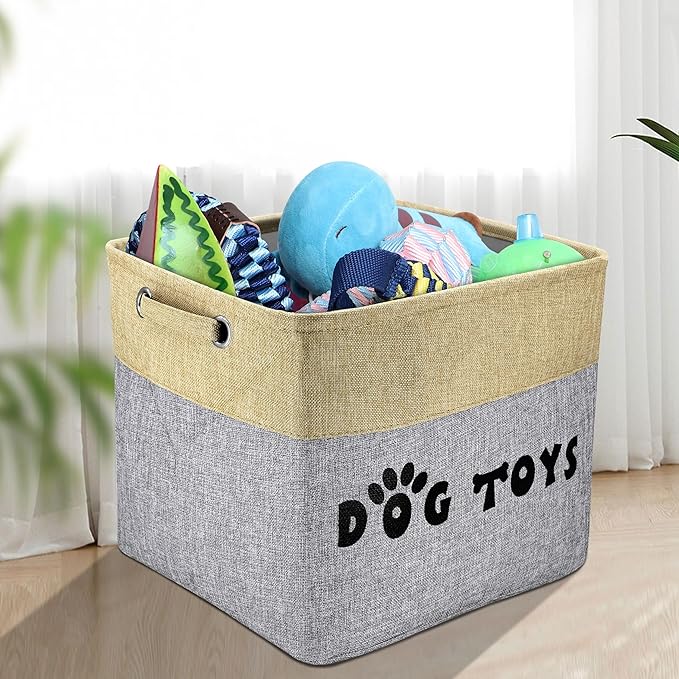 PET ARTIST Large Dog Toy Basket Bin - Rectangular Storage Box Chest Organizer for Dog Toys,Coats,Clothing,Apparel & Accessories & Blanket,Gray,15"x13"x12"