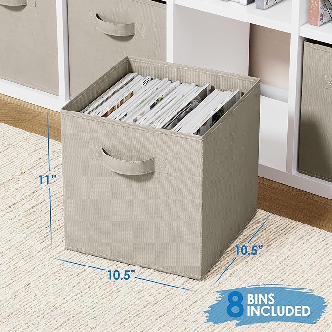 Set of 8 Foldable Fabric Storage Cube Bins | Collapsible Cloth Organizer Baskets Containers | Folding Nursery Closet Drawer | Features Dual Handles | More Beautiful Colors Available (Off White)