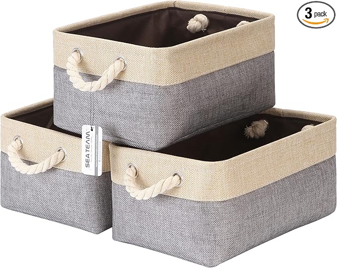 Sea Team 3-Pack Small Storage Basket Set, Storage Cube Organizer, Storage Bins, 12 x 8 x 5 Inches, Rectangle Canvas Fabric Collapsible Shelf Box with Handles for Kids Room (Grey/Beige)