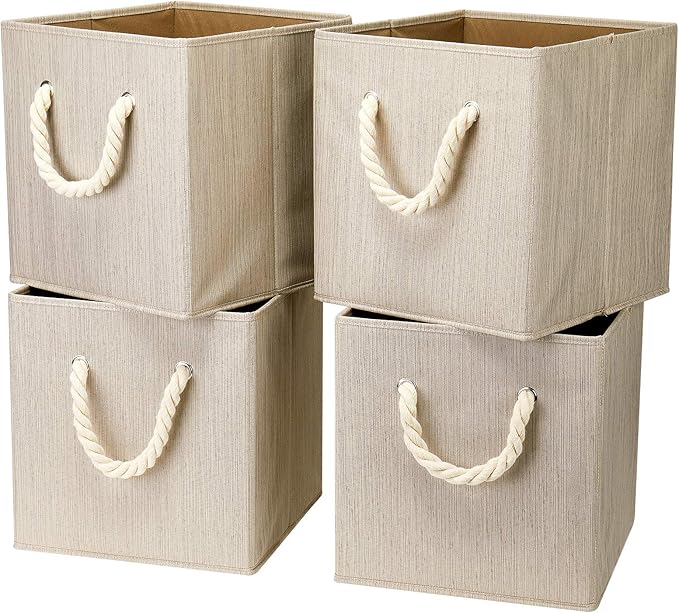 i BKGOO Foldable Storage Cube Bins Dark Grey Bamboo Fabric Collapsible Resistant Basket Box Organizer with Cotton Rope Handle for Home Office and Nursery 10.5x10.5x11 inch