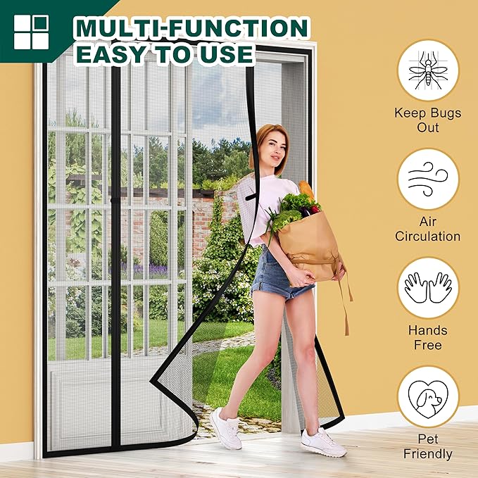 Magnetic Screen Door, Fits Door Size 64" X 80", Door Mesh with Magnetic Closure and Super Strong Magnets, Heavy Duty Double Opening for Sliding Patio and French Doors