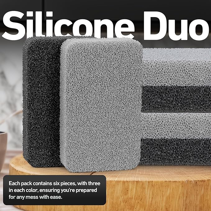 6-Pack Silicone Kitchen Scrubbing Sponges, Heavy-Duty, Non-Scratch Kitchen Sponges | Reusable, Odor-Free, Multipurpose Cleaning Sponge for Kitchen, Bathroom, Dishes, Non-Stick Cookware, Countertops