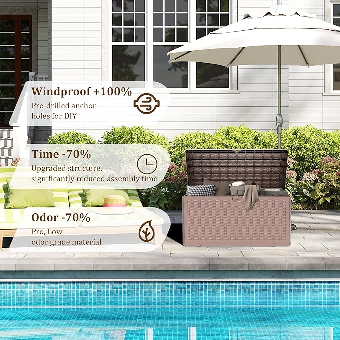 Outdoor Storage Box Waterproof, 90 Gallon Pro Lockable Resin Deck Box Large, Patio Storage Bin for Pool Accessories Cushion Furniture, Garden Tools, UV-Resistant Outside Delivery Brown