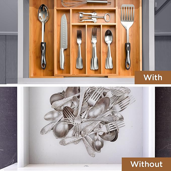 Bambüsi Bamboo Expandable Drawer Organizer for Utensils - Adjustable Cutlery Tray with Dividers for Silverware, Flatware, and Knives in Kitchen, Bedroom, or Living Room Storage Organization