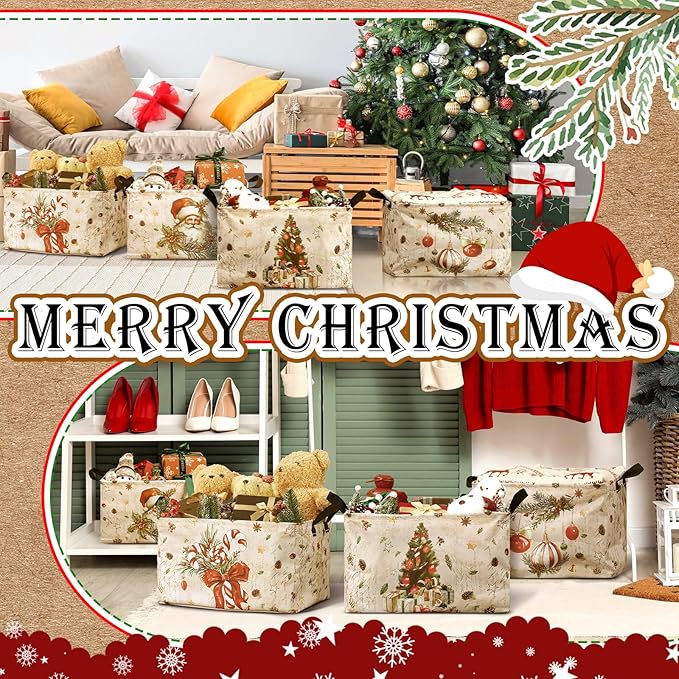 4 Pack Christmas Storage Bin Collapsible Large Christmas Storage Baskets for Gifts Xmas Tree Canvas Laundry Basket Foldable Box with Handle for Office Home Bedroom Clothes Toys Holiday Decor