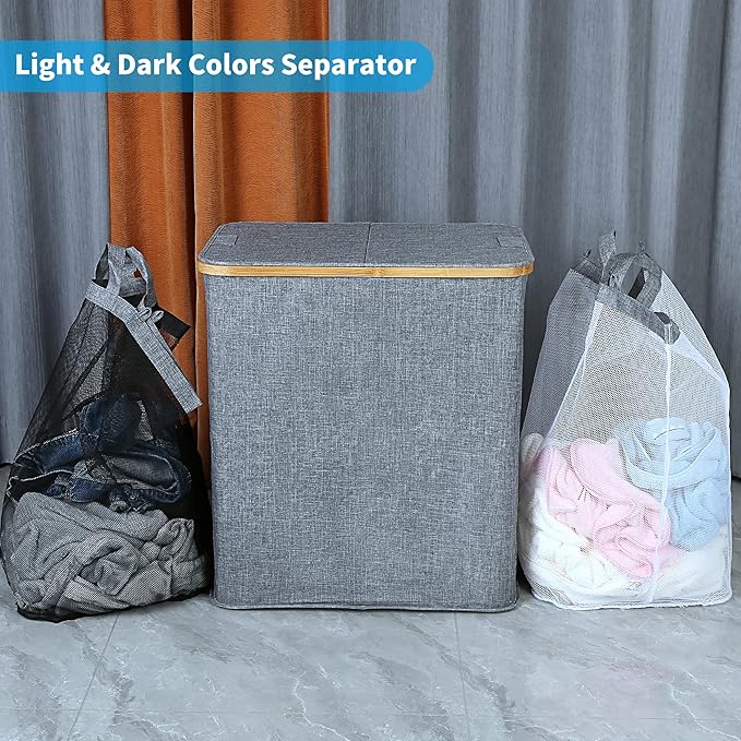 efluky Laundry Hamper with Lid, Double Laundry Hamper with 2 Removable Bags, 2 Section Laundry Basket with Bamboo Handles for Bathroom, Bedroom & Laundry Room, 140L (36.9 Gallon) Blue Grey