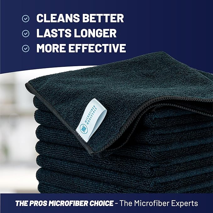 Microfiber Wholesale MW Pro Multi-Surface Microfiber Towel – 12 Pack | Premium Cleaning Cloth | Clean, Dust, Polish, Absorb | Large 16"x16" (Black)