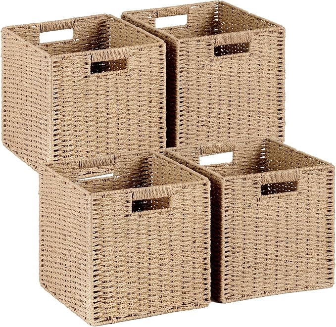 Woven Wicker Storage Baskets 4-Pack, 11x11 Handwoven Paper Rope Organizer Bins, Foldable Cube Storage Cubes with Built-in Handles for Shelves and Closet Organization(Natural Beige)