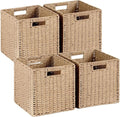 Woven Wicker Storage Baskets 4-Pack, 11x11 Handwoven Paper Rope Organizer Bins, Foldable Cube Storage Cubes with Built-in Handles for Shelves and Closet Organization(Natural Beige)